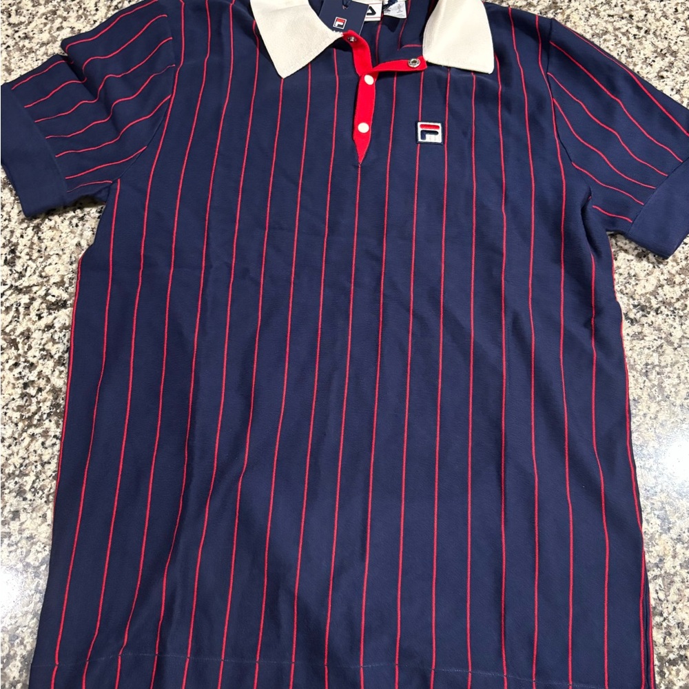Fila Navy Polo with Red Pinstripes and White Collar Accent